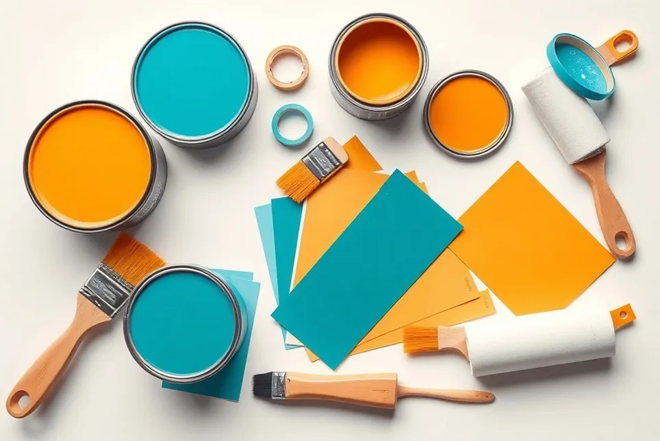 Pots de peinture, nuancier, brosses et rouleaux disposés à plat