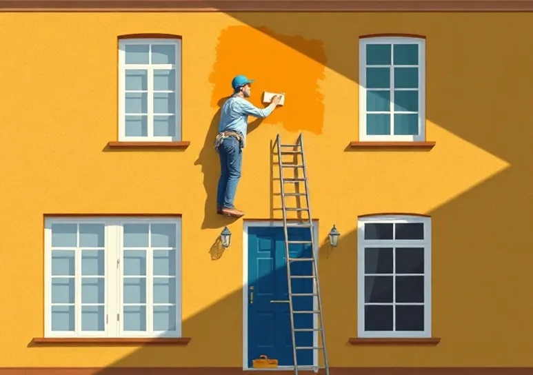 Peintre sur échafaudage traitant la façade d'une maison