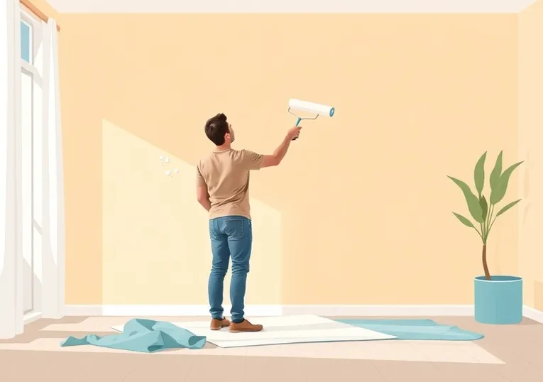 Peintre appliquant la peinture au rouleau sur un mur de salon
